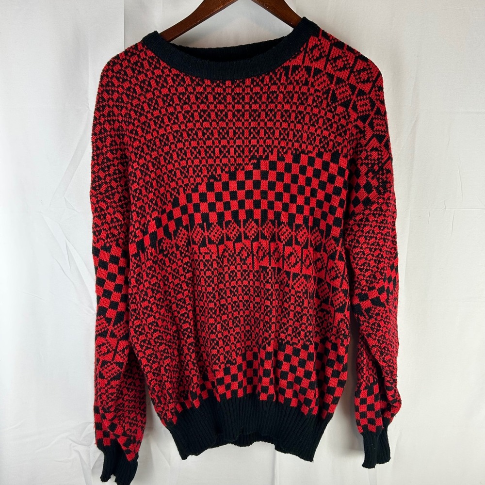 VTG Michael Gerald‎ Red Black Checkerboard Geometric Knit Sweater Mens Large